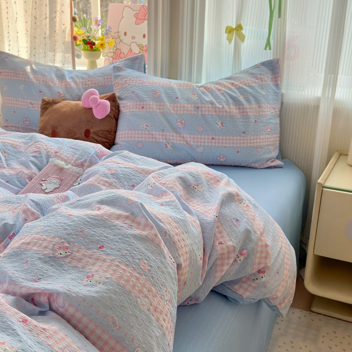 91家纺网 家纺一手货源 找家纺 佳鸿 2026新款泡芙棉软糯糯高克重110克四件套学生宿舍三件套单被套 kt喵喵蓝