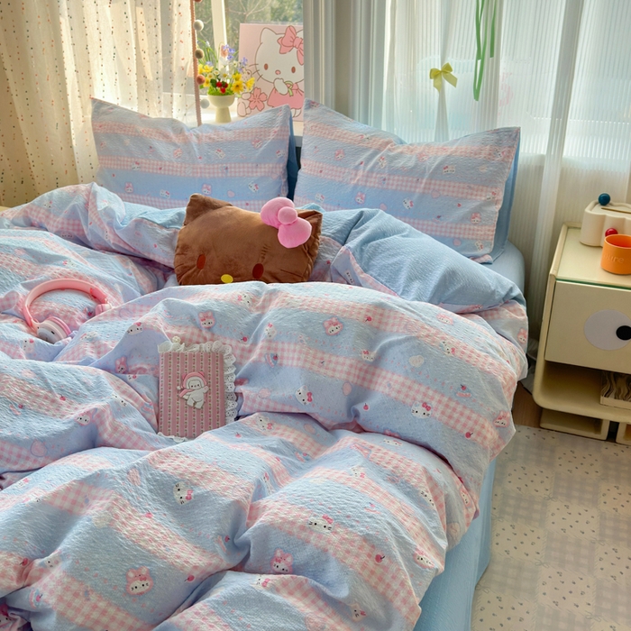 91家纺网 家纺一手货源 找家纺 佳鸿 2026新款泡芙棉软糯糯高克重110克四件套学生宿舍三件套单被套 kt喵喵蓝