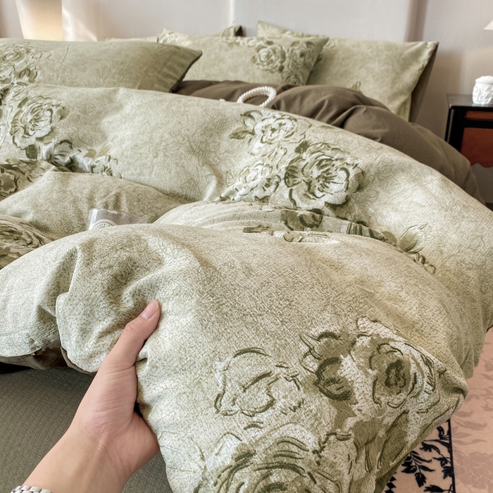 91家纺网 家纺一手货源 找家纺 红日子纺织品 2026春夏新款云感复古皱皱纱四件套 青萝-绿