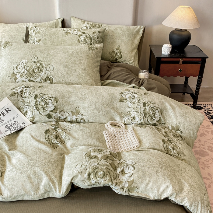 91家纺网 家纺一手货源 找家纺 红日子纺织品 2026春夏新款云感复古皱皱纱四件套 青萝-绿