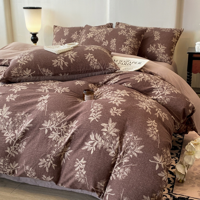 91家纺网 家纺一手货源 找家纺 红日子纺织品 2026春夏新款云感复古皱皱纱四件套 夕颜-棕