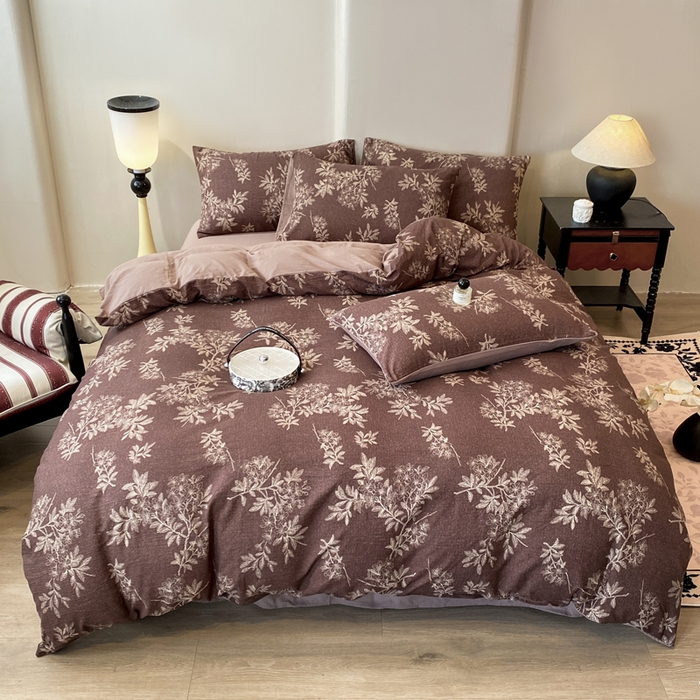 91家纺网 家纺一手货源 找家纺 红日子纺织品 2026春夏新款云感复古皱皱纱四件套 夕颜-棕