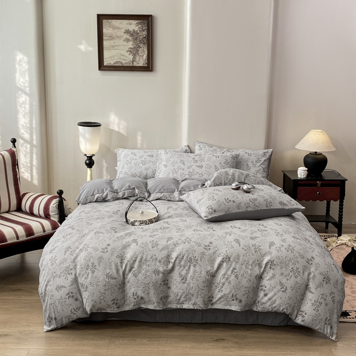 91家纺网 家纺一手货源 找家纺 红日子纺织品 2026春夏新款云感复古皱皱纱四件套 摇曳-灰