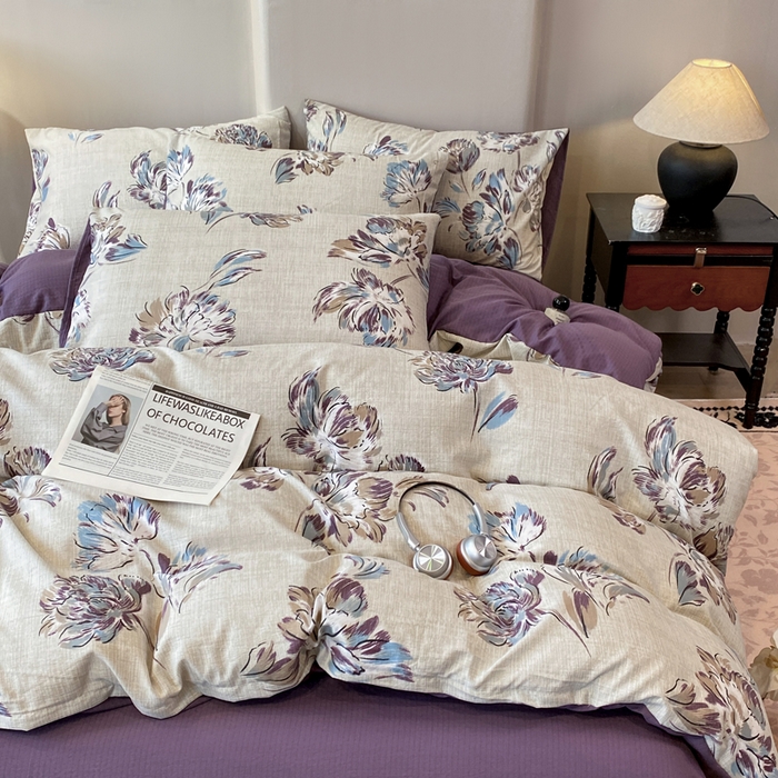 红日子纺织品 2026春夏新款云感复古皱皱纱四件套 远黛-紫