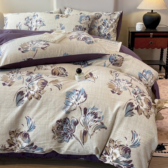 91家纺网 家纺一手货源 找家纺 红日子纺织品 2026春夏新款云感复古皱皱纱四件套 远黛-紫