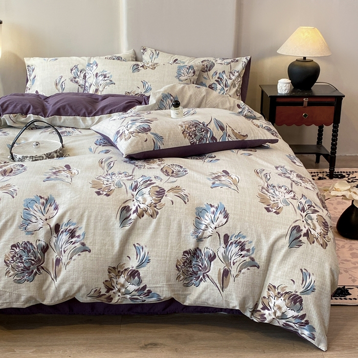 91家纺网 家纺一手货源 找家纺 红日子纺织品 2026春夏新款云感复古皱皱纱四件套 远黛-紫