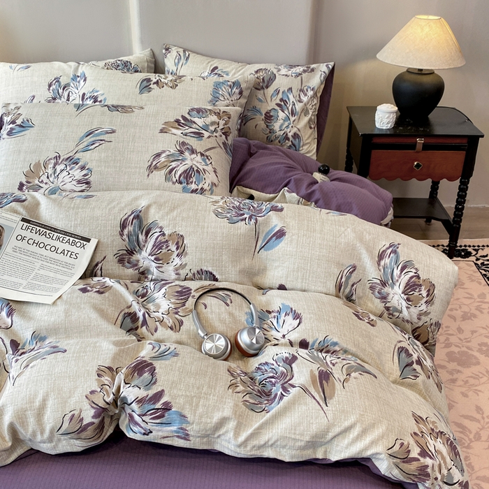 91家纺网 家纺一手货源 找家纺 红日子纺织品 2026春夏新款云感复古皱皱纱四件套 远黛-紫