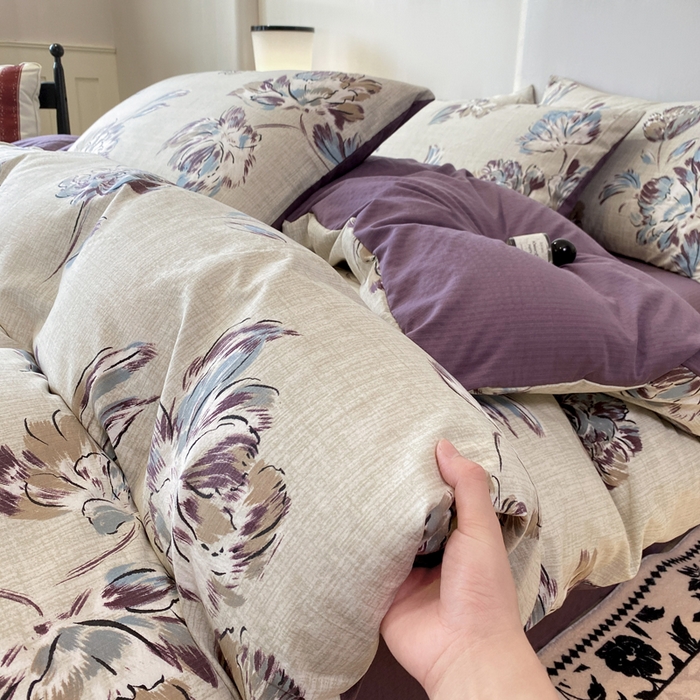 91家纺网 家纺一手货源 找家纺 红日子纺织品 2026春夏新款云感复古皱皱纱四件套 远黛-紫