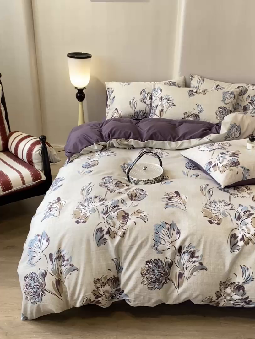 91家纺网 家纺一手货源 找家纺 红日子纺织品 2026春夏新款云感复古皱皱纱四件套 远黛-紫