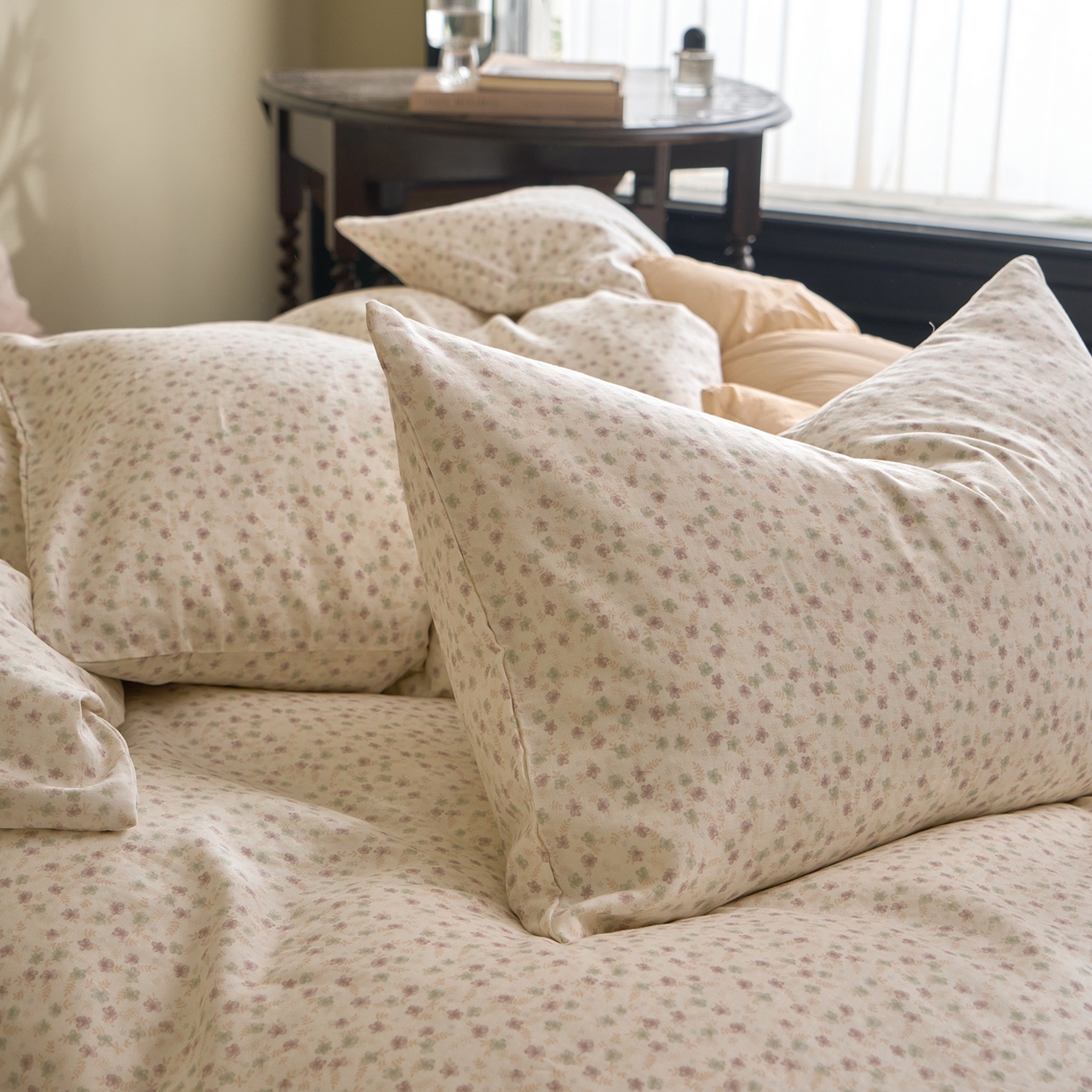 91家纺网 家纺一手货源 找家纺 洋铭区（原狠狠爱） 2026春季新款简约全棉 无边双层纱 四件套系列 春色绿意