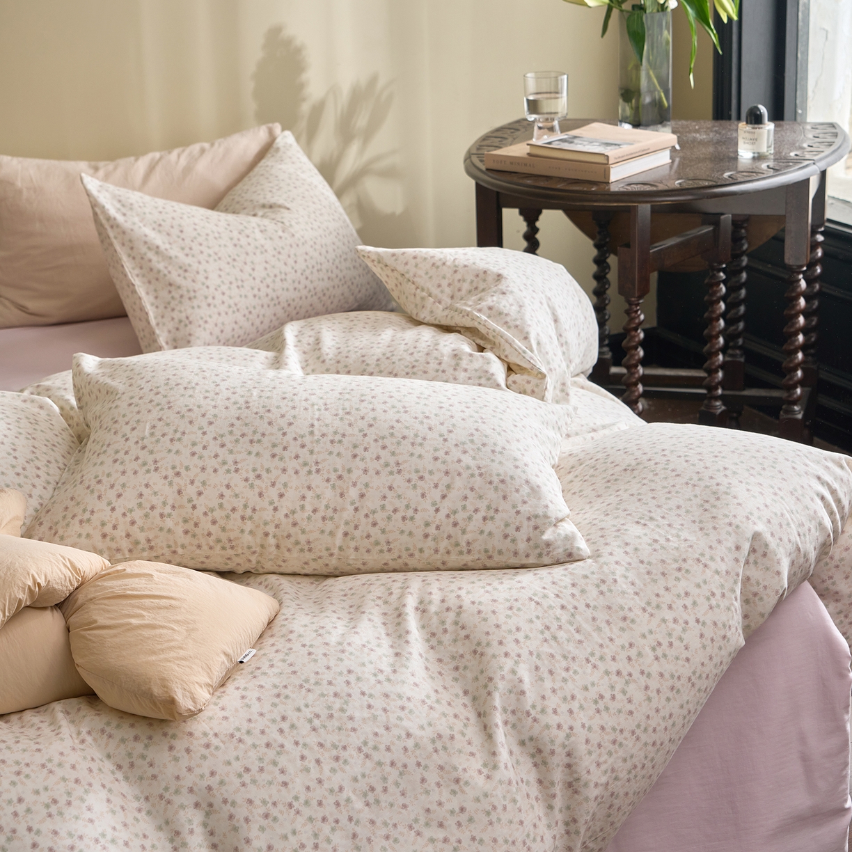 91家纺网 家纺一手货源 找家纺 洋铭区（原狠狠爱） 2026春季新款简约全棉 无边双层纱 四件套系列 春色绿意