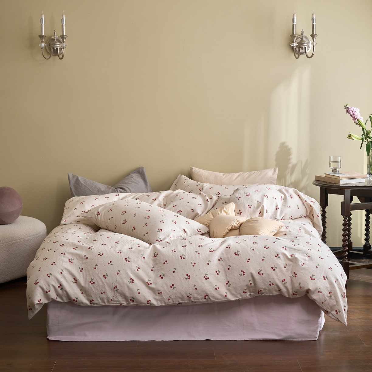 91家纺网 家纺一手货源 找家纺 洋铭区（原狠狠爱） 2026春季新款简约全棉 无边双层纱 四件套系列 红果果