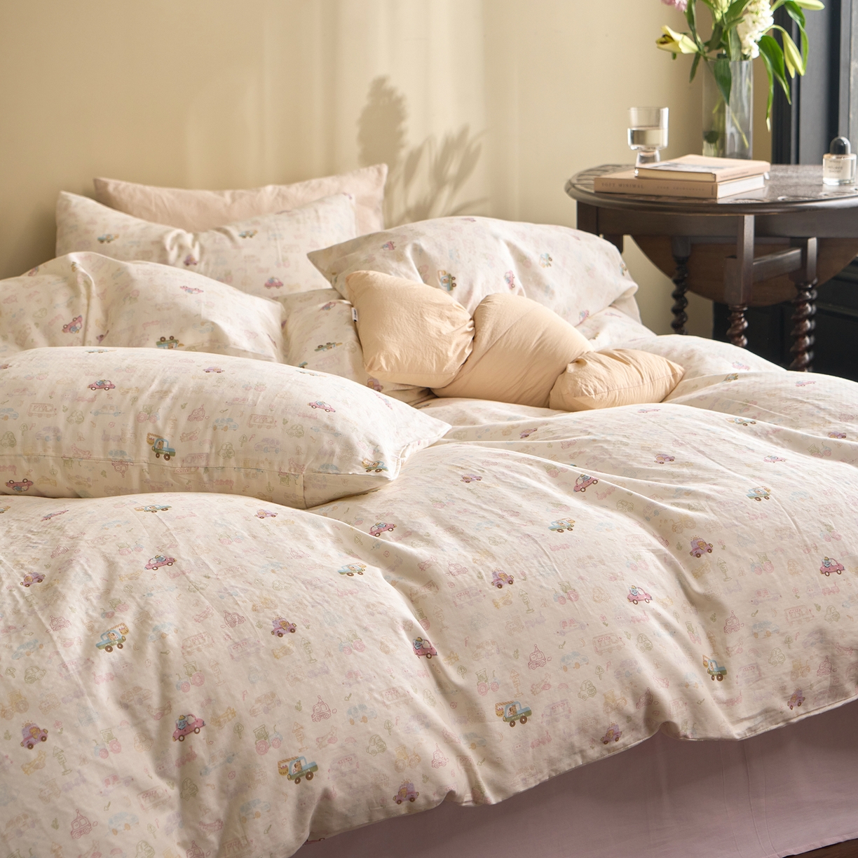 91家纺网 家纺一手货源 找家纺 洋铭区（原狠狠爱） 2026春季新款简约全棉 无边双层纱 四件套系列 卡卡小汽车