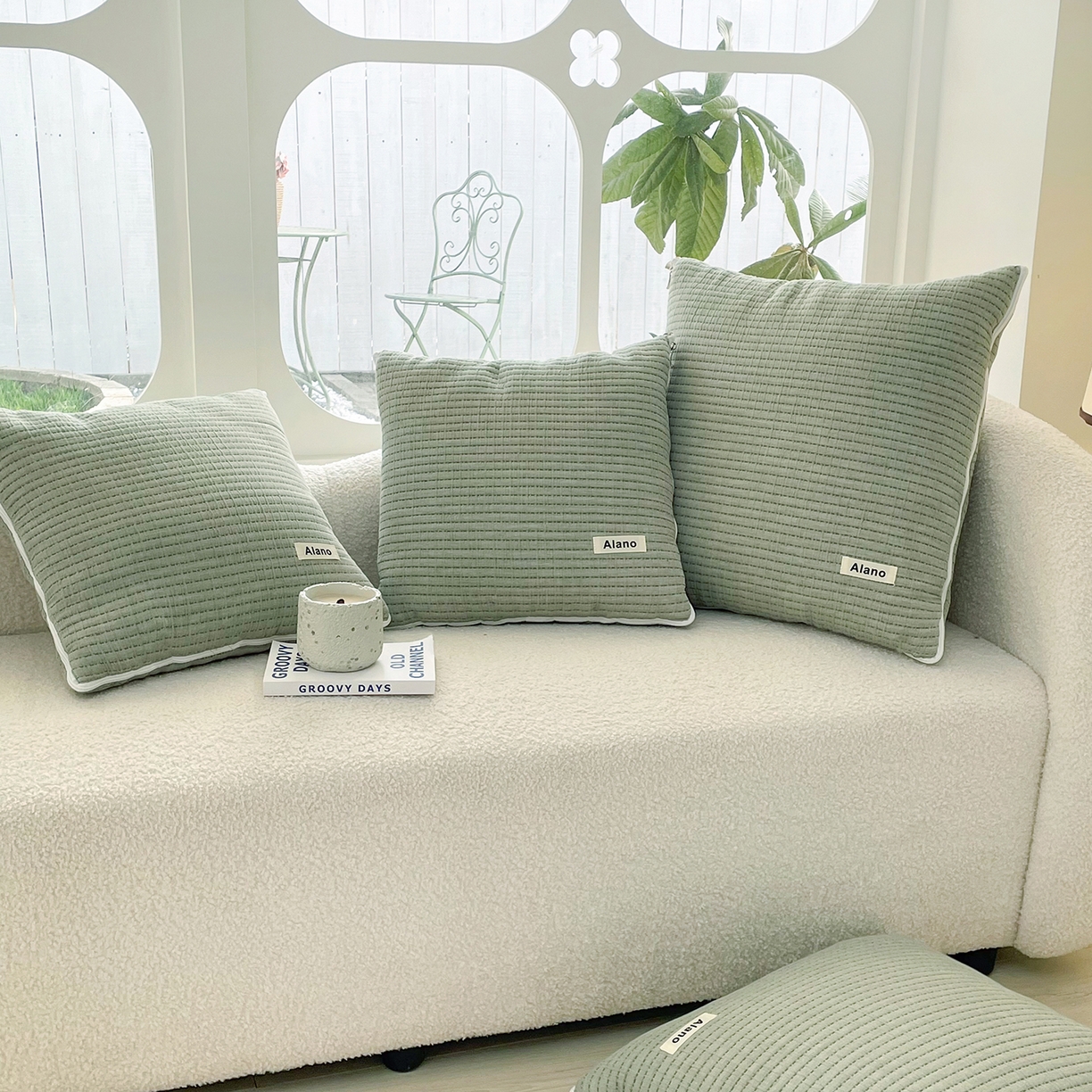 91家纺网 家纺一手货源 找家纺 番茄+ 2026新款春夏色织全棉极简主义抱枕被 鼠尾草绿