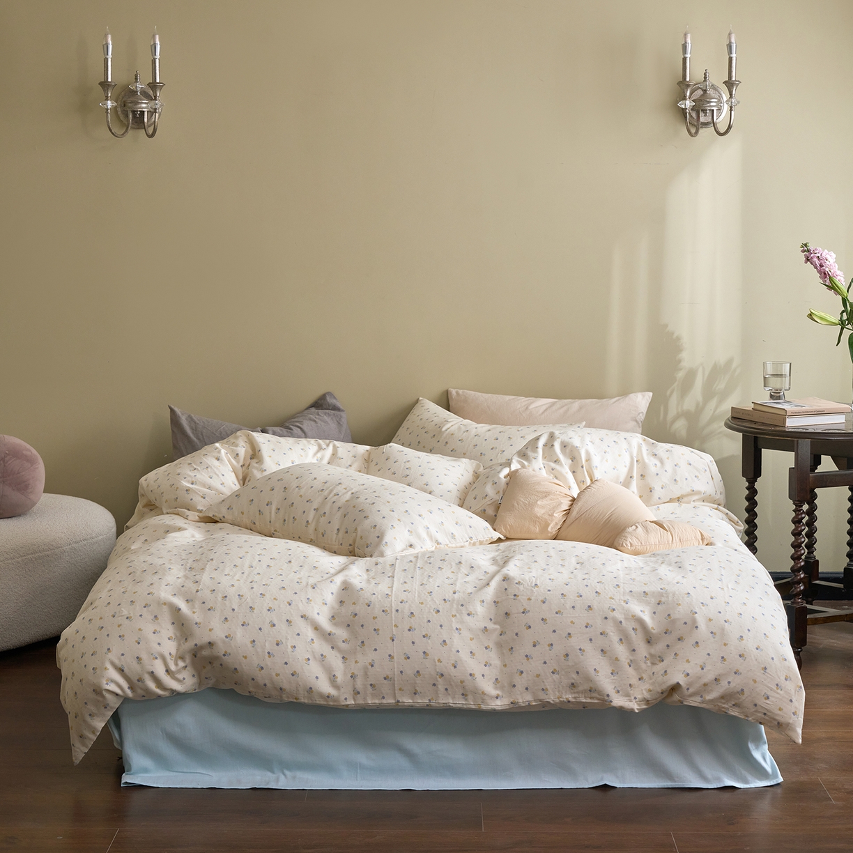 91家纺网 家纺一手货源 找家纺 洋铭区（原狠狠爱） 2026春季新款简约全棉 无边双层纱 四件套系列 米兰小花