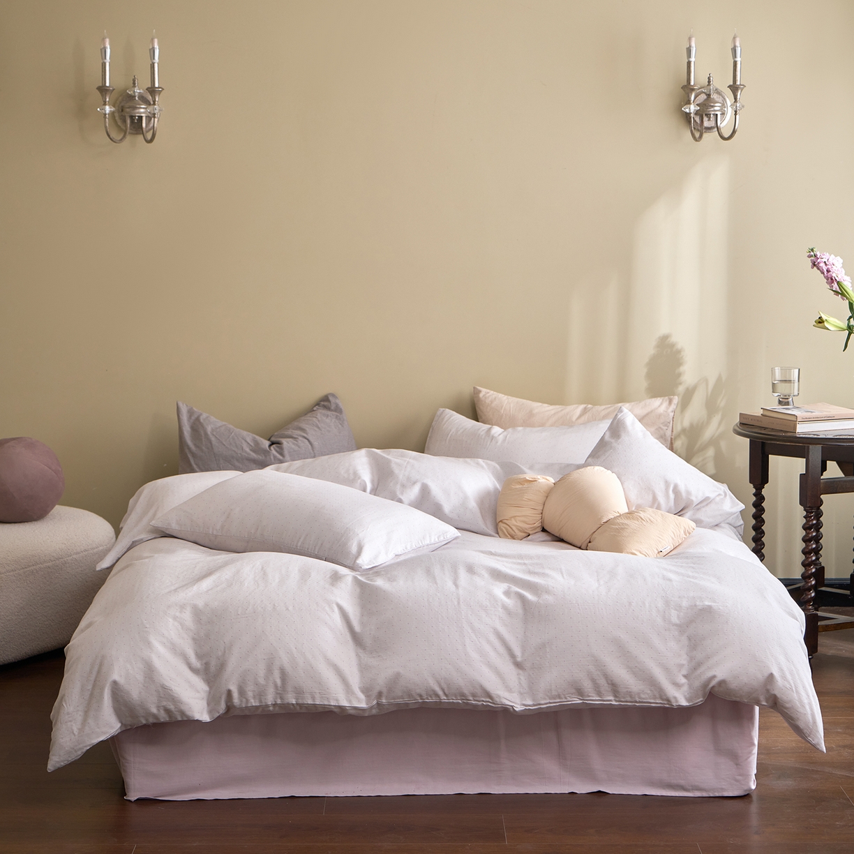 91家纺网 家纺一手货源 找家纺 洋铭区（原狠狠爱） 2026春季新款简约全棉 无边双层纱 四件套系列 小紫点点