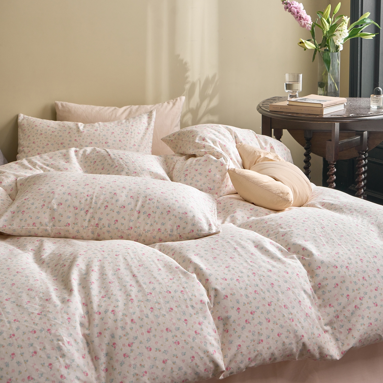 91家纺网 家纺一手货源 找家纺 洋铭区（原狠狠爱） 2026春季新款简约全棉 无边双层纱 四件套系列 烟花粉