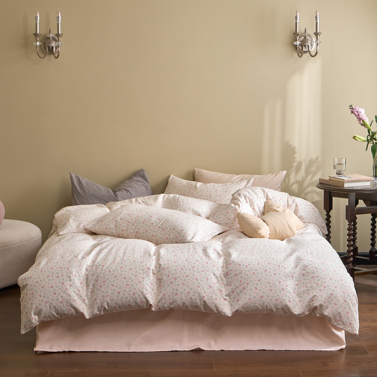 91家纺网 家纺一手货源 找家纺 洋铭区（原狠狠爱） 2026春季新款简约全棉 无边双层纱 四件套系列 烟花粉