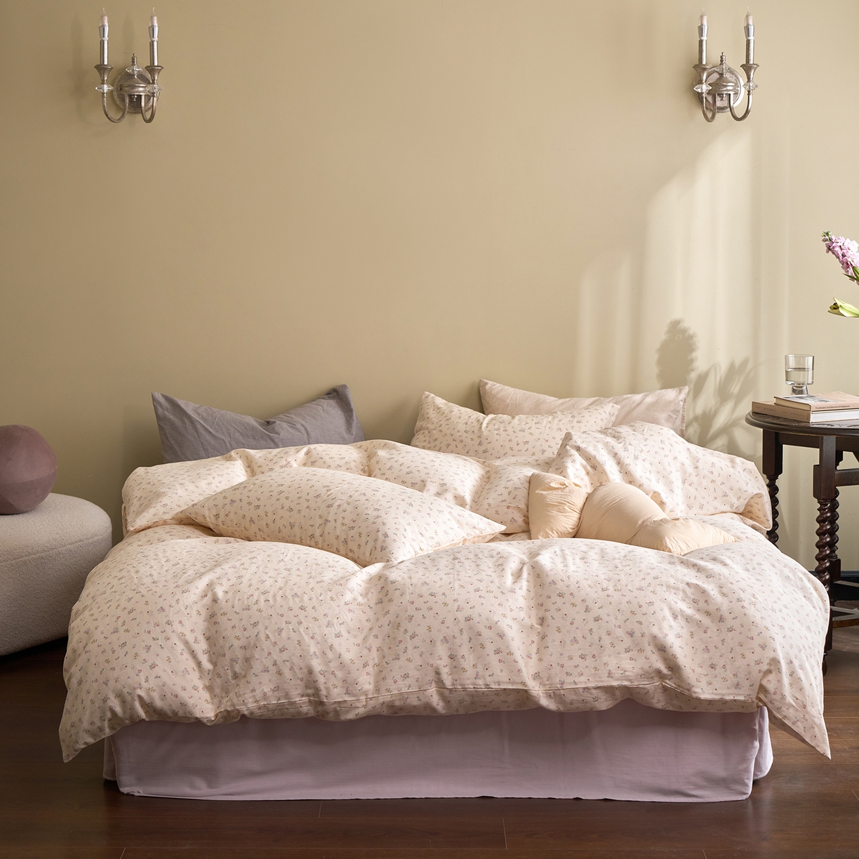 91家纺网 家纺一手货源 找家纺 洋铭区（原狠狠爱） 2026春季新款简约全棉 无边双层纱 四件套系列 燕麦小花