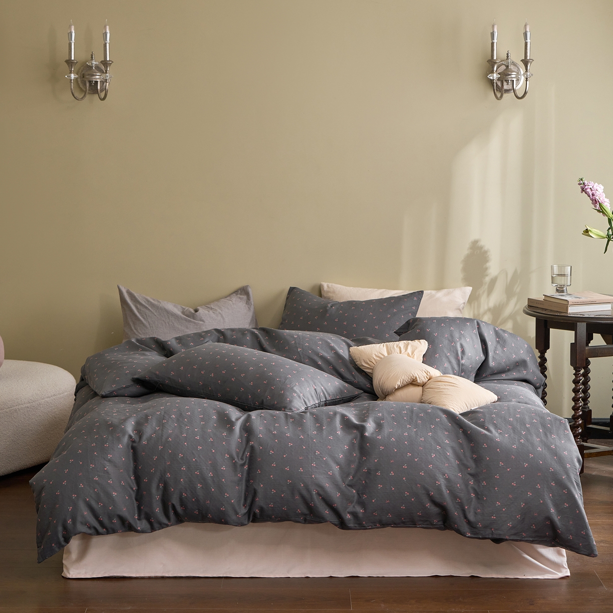 91家纺网 家纺一手货源 找家纺 洋铭区（原狠狠爱） 2026春季新款简约全棉 无边双层纱 四件套系列 圆圆樱桃