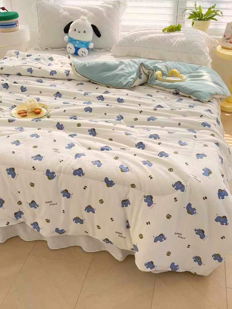 91家纺网 家纺一手货源 找家纺 默忆 2026新款水洗棉双层纱夏被夏凉被空调被被子被芯 蓝色小象