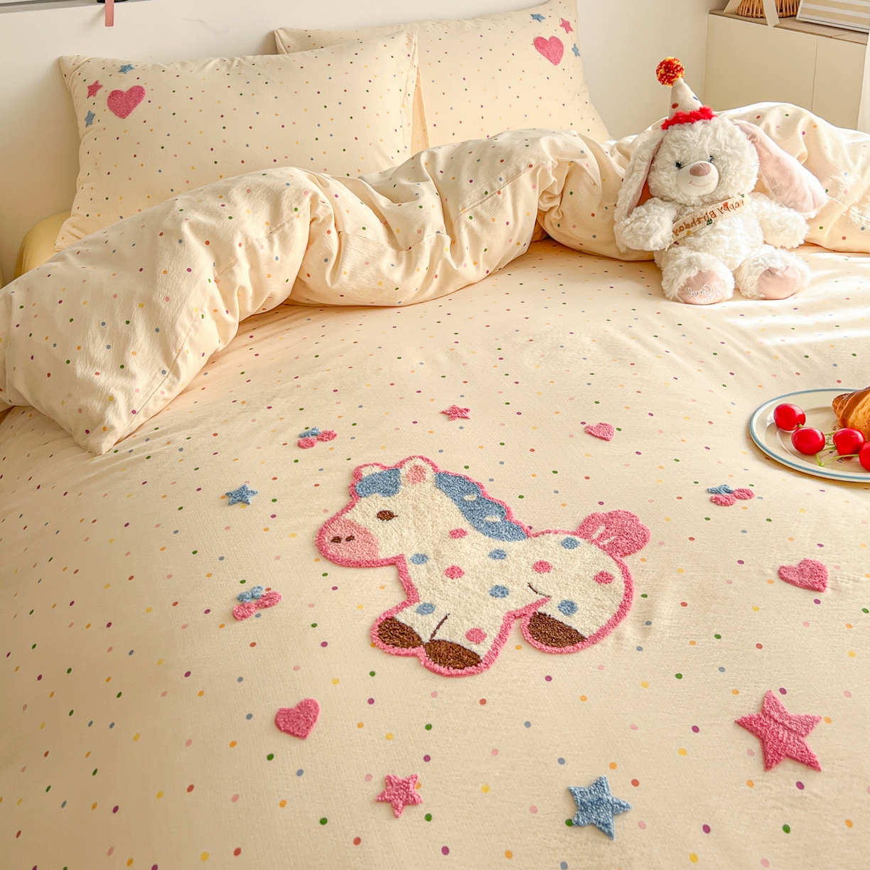 91家纺网 家纺一手货源 找家纺 （总）童颜 2026新款软糯泡芙纱水洗棉卡通毛巾绣四件套