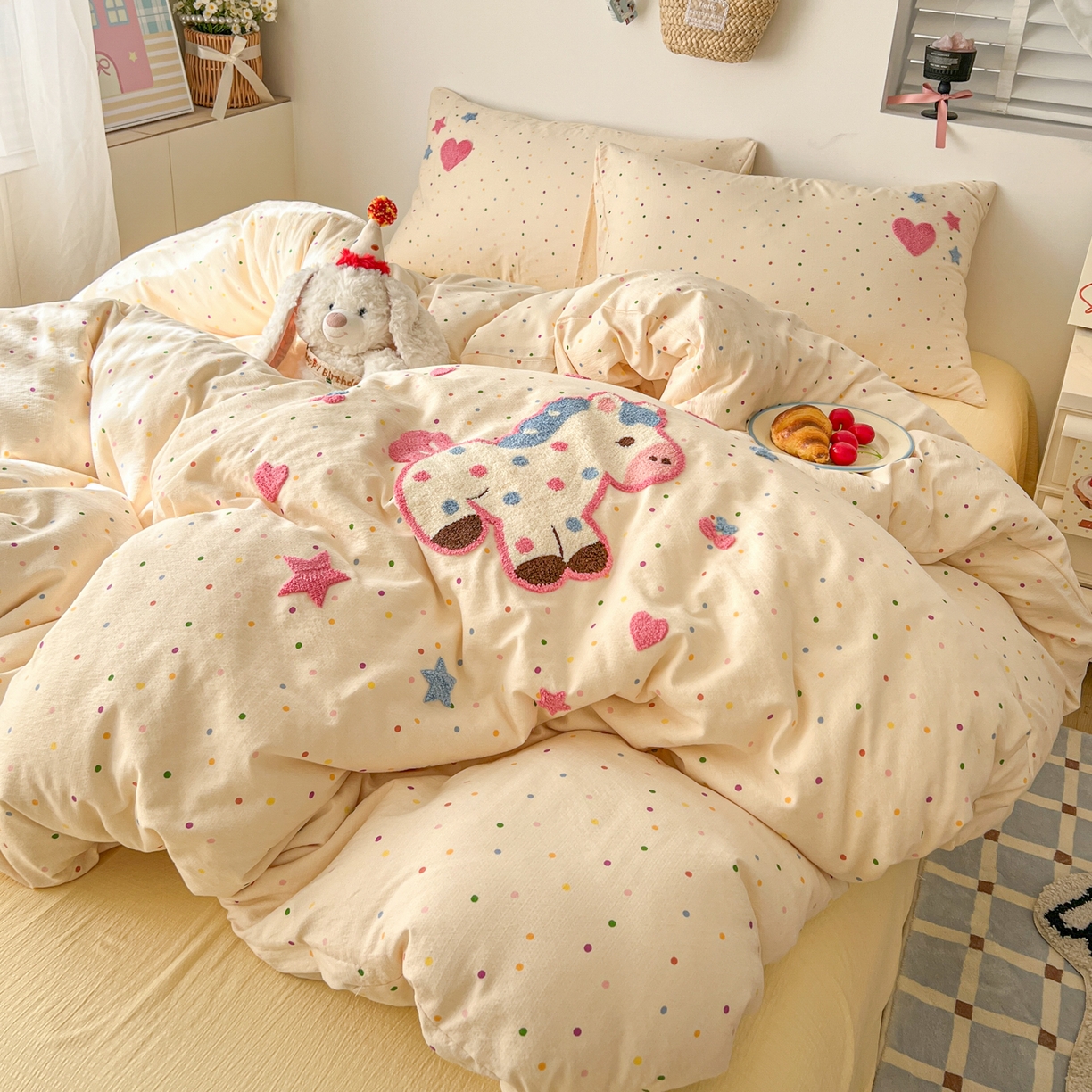 91家纺网 家纺一手货源 找家纺 （总）童颜 2026新款软糯泡芙纱水洗棉卡通毛巾绣四件套