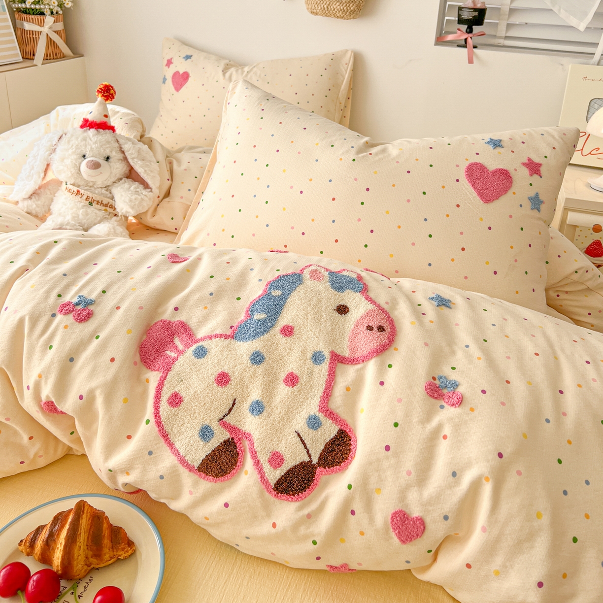 91家纺网 家纺一手货源 找家纺 （总）童颜 2026新款软糯泡芙纱水洗棉卡通毛巾绣四件套