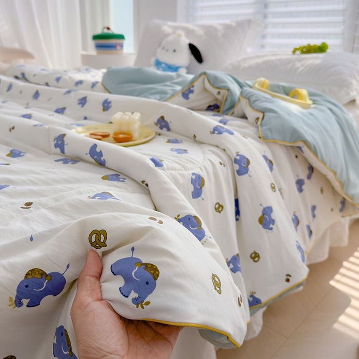 91家纺网 家纺一手货源 找家纺 默忆 2026新款水洗棉双层纱夏被夏凉被空调被被子被芯 蓝色小象