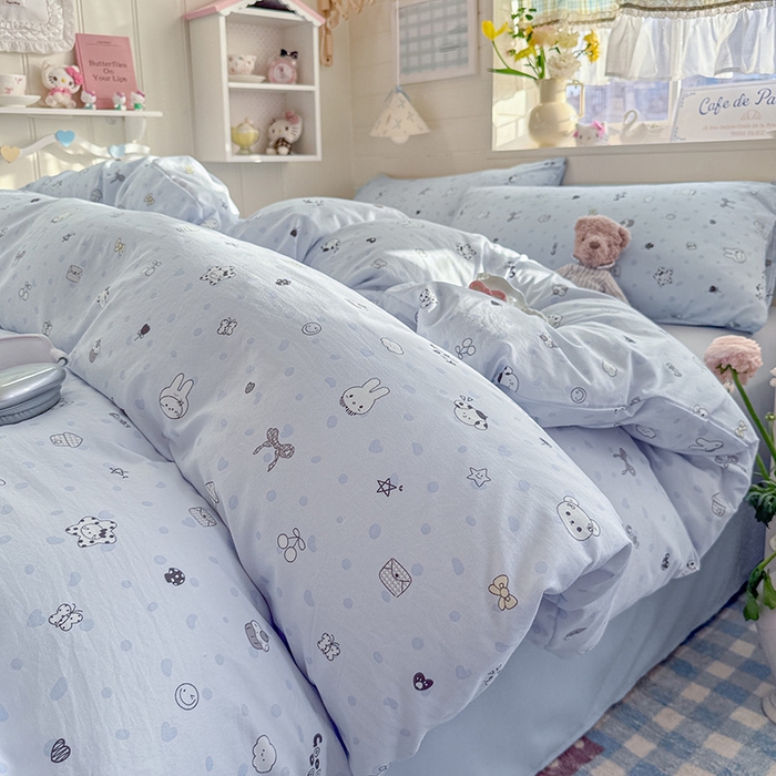 91家纺网 家纺一手货源 找家纺 罗亿家纺 2026年新款泡芙水洗棉双层纱四件套 贝壳猫猫