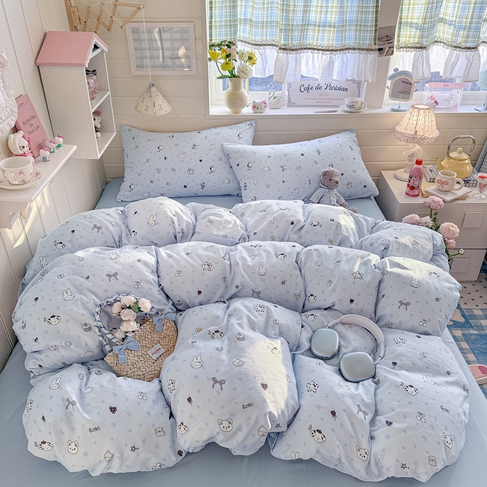 罗亿家纺 2026年新款泡芙水洗棉双层纱四件套 贝壳猫猫