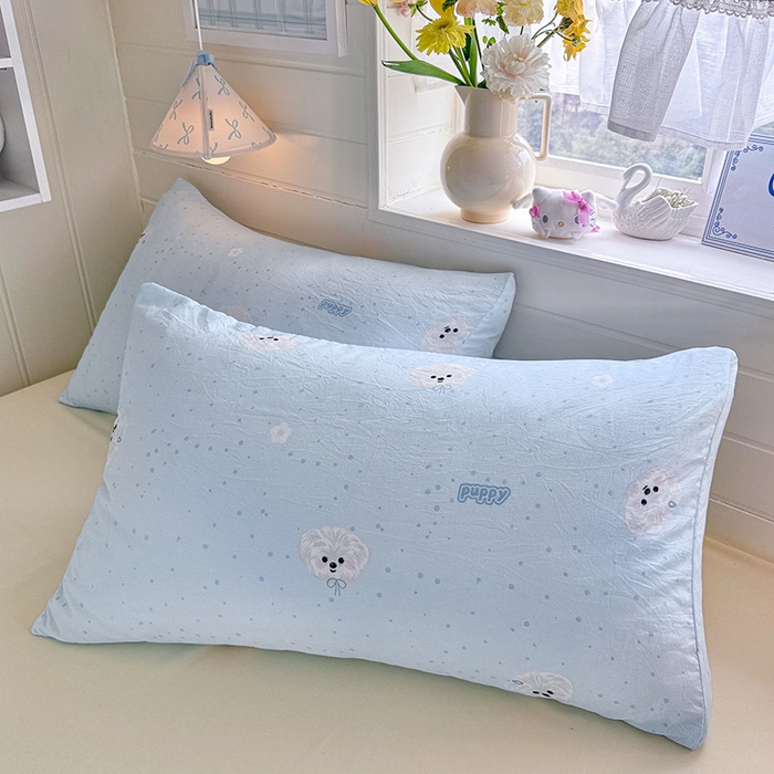 91家纺网 家纺一手货源 找家纺 罗亿家纺 2026年新款泡芙水洗棉双层纱四件套 波点小狗