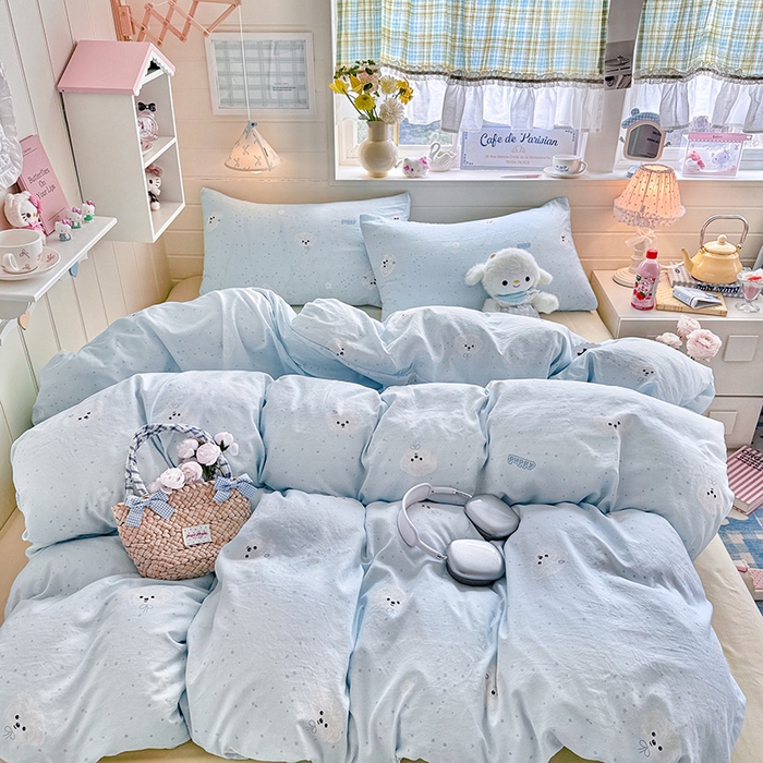 罗亿家纺 2026年新款泡芙水洗棉双层纱四件套 波点小狗