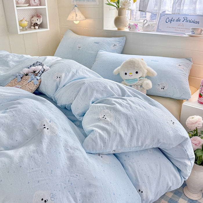 91家纺网 家纺一手货源 找家纺 罗亿家纺 2026年新款泡芙水洗棉双层纱四件套 波点小狗