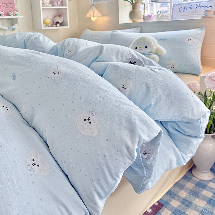 91家纺网 家纺一手货源 找家纺 罗亿家纺 2026年新款泡芙水洗棉双层纱四件套 波点小狗