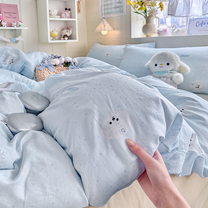 91家纺网 家纺一手货源 找家纺 罗亿家纺 2026年新款泡芙水洗棉双层纱四件套 波点小狗