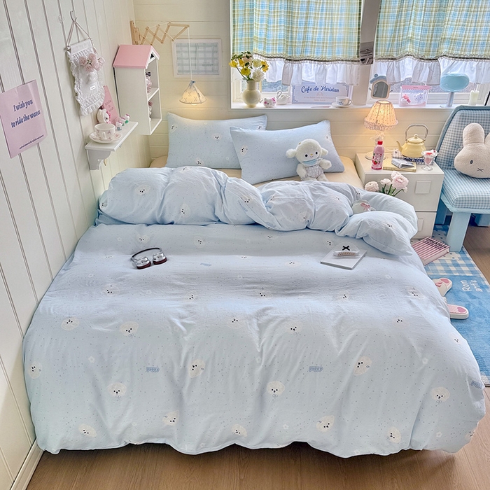 91家纺网 家纺一手货源 找家纺 罗亿家纺 2026年新款泡芙水洗棉双层纱四件套 波点小狗