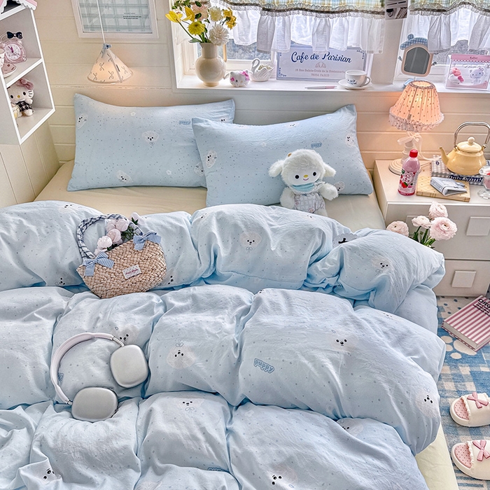 91家纺网 家纺一手货源 找家纺 罗亿家纺 2026年新款泡芙水洗棉双层纱四件套 波点小狗