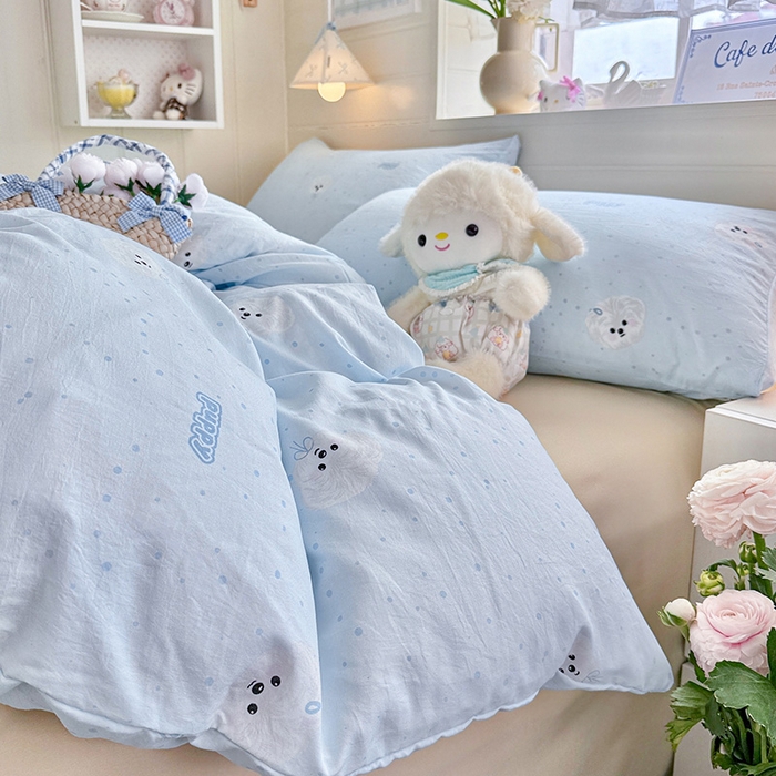 91家纺网 家纺一手货源 找家纺 罗亿家纺 2026年新款泡芙水洗棉双层纱四件套 波点小狗