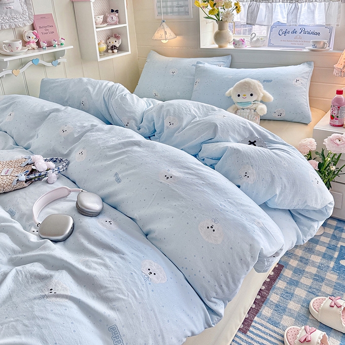 91家纺网 家纺一手货源 找家纺 罗亿家纺 2026年新款泡芙水洗棉双层纱四件套 波点小狗