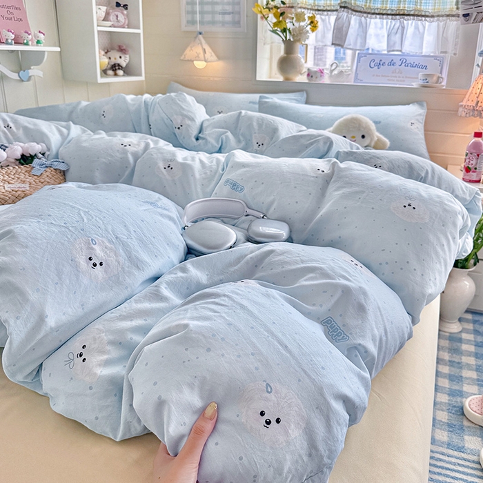 91家纺网 家纺一手货源 找家纺 罗亿家纺 2026年新款泡芙水洗棉双层纱四件套 波点小狗