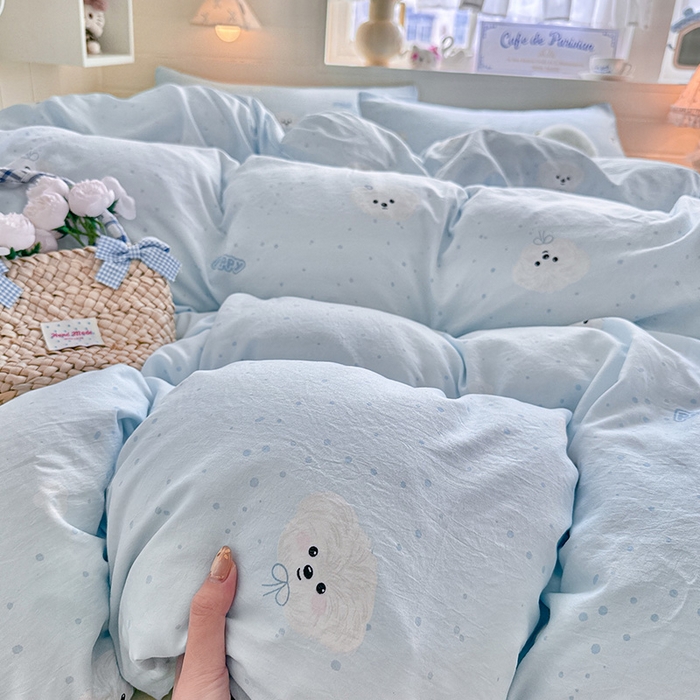 91家纺网 家纺一手货源 找家纺 罗亿家纺 2026年新款泡芙水洗棉双层纱四件套 波点小狗