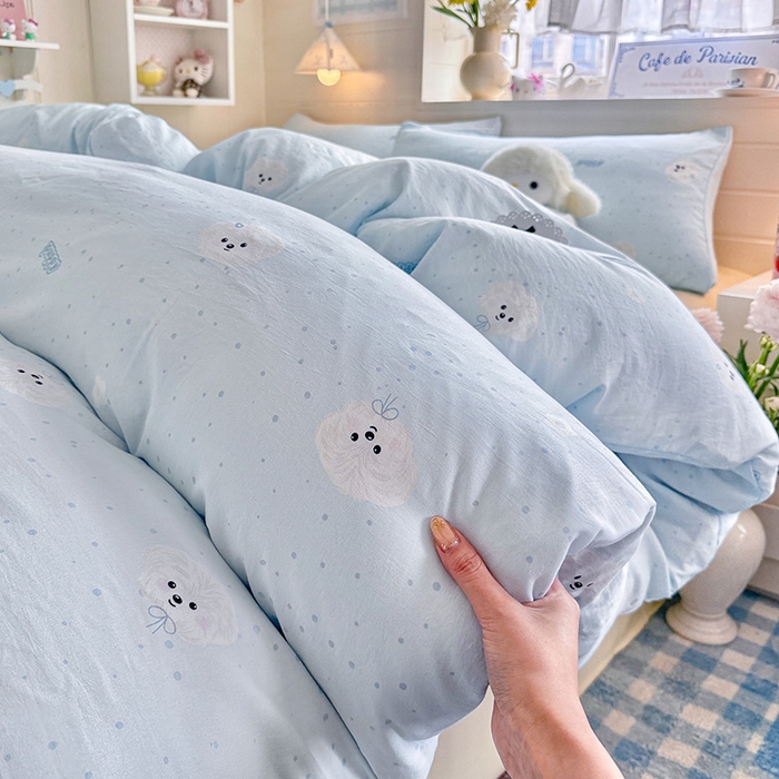 91家纺网 家纺一手货源 找家纺 罗亿家纺 2026年新款泡芙水洗棉双层纱四件套 波点小狗