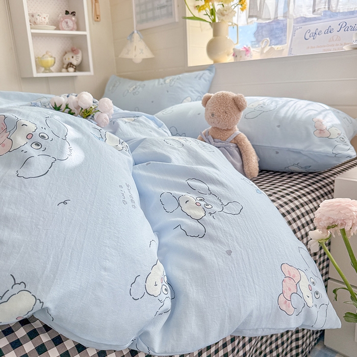 91家纺网 家纺一手货源 找家纺 罗亿家纺 2026年新款泡芙水洗棉双层纱四件套 超级小狗