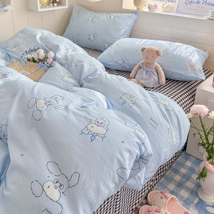 91家纺网 家纺一手货源 找家纺 罗亿家纺 2026年新款泡芙水洗棉双层纱四件套 超级小狗