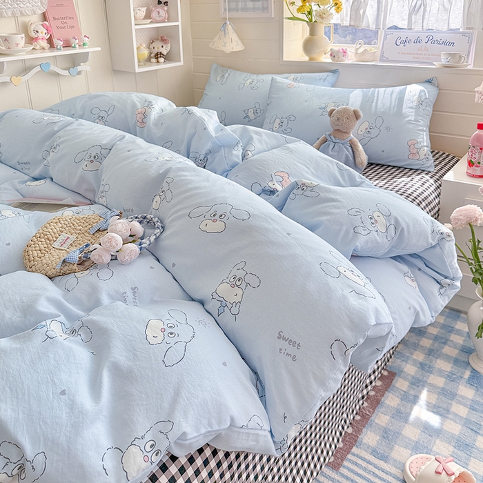 91家纺网 家纺一手货源 找家纺 罗亿家纺 2026年新款泡芙水洗棉双层纱四件套 超级小狗