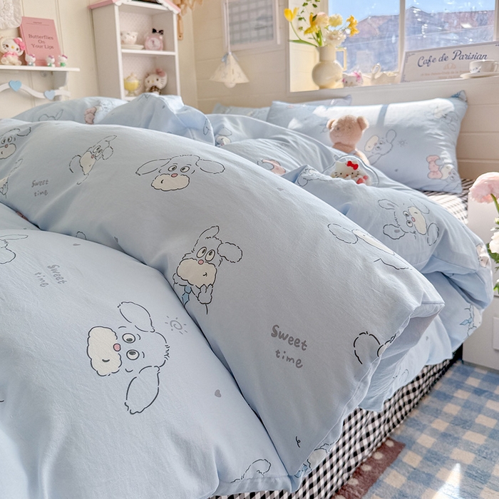 91家纺网 家纺一手货源 找家纺 罗亿家纺 2026年新款泡芙水洗棉双层纱四件套 超级小狗