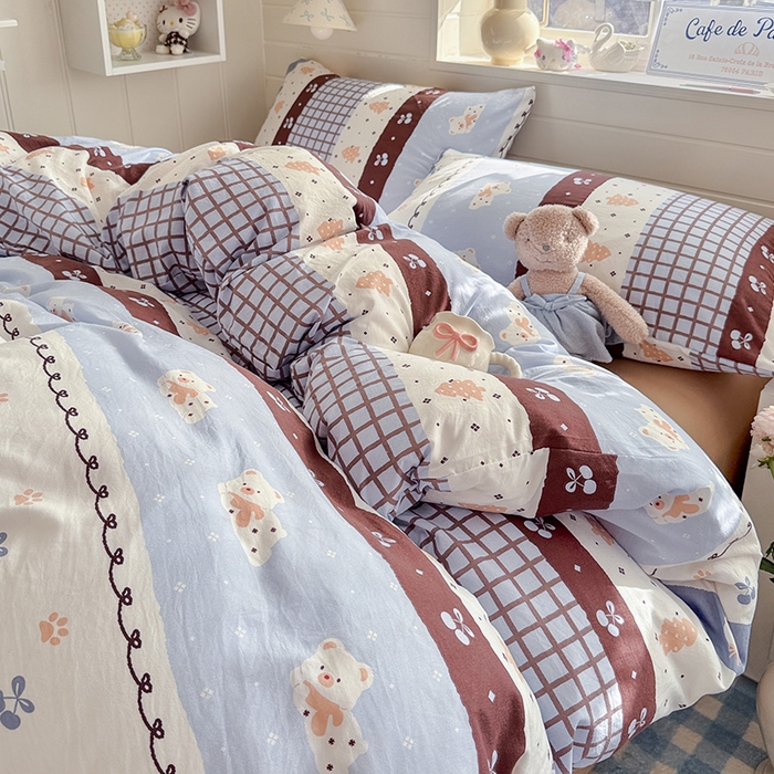 91家纺网 家纺一手货源 找家纺 罗亿家纺 2026年新款泡芙水洗棉双层纱四件套 费尔岛小熊