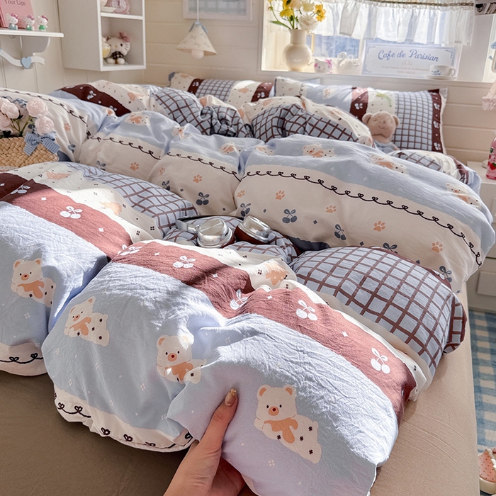 91家纺网 家纺一手货源 找家纺 罗亿家纺 2026年新款泡芙水洗棉双层纱四件套 费尔岛小熊