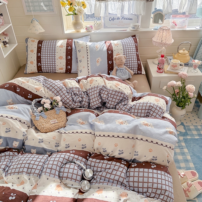 91家纺网 家纺一手货源 找家纺 罗亿家纺 2026年新款泡芙水洗棉双层纱四件套 费尔岛小熊